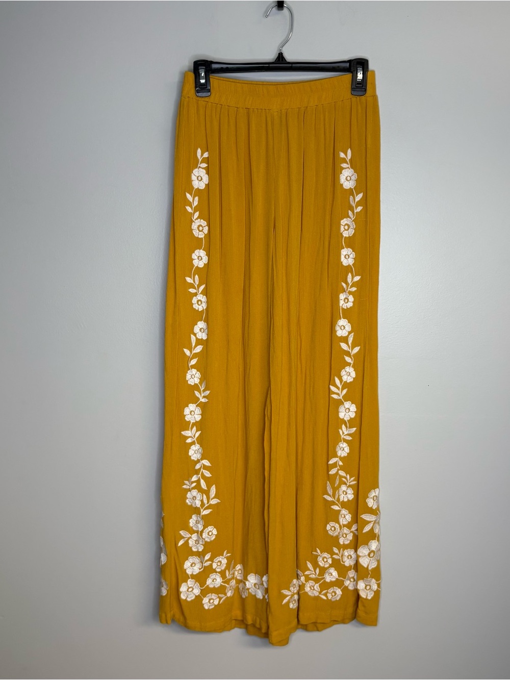 Forever 21 Mustard Wide-Leg Pants with White Floral Embroidery